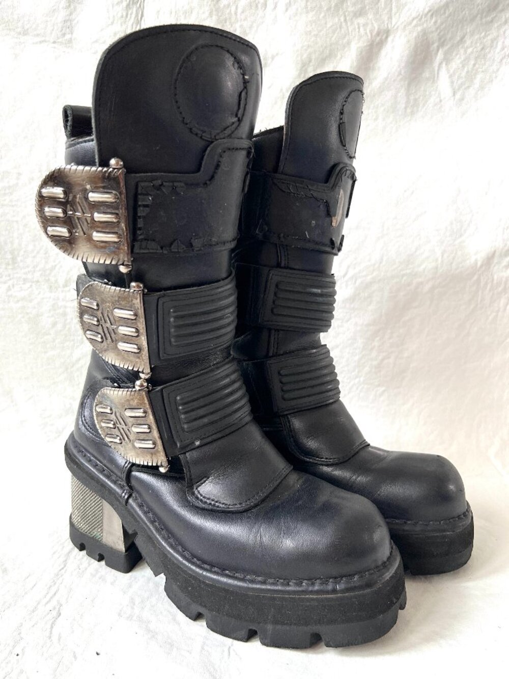 New Rock boots womens 7.5 black leather platform chunky block heel buckles moto